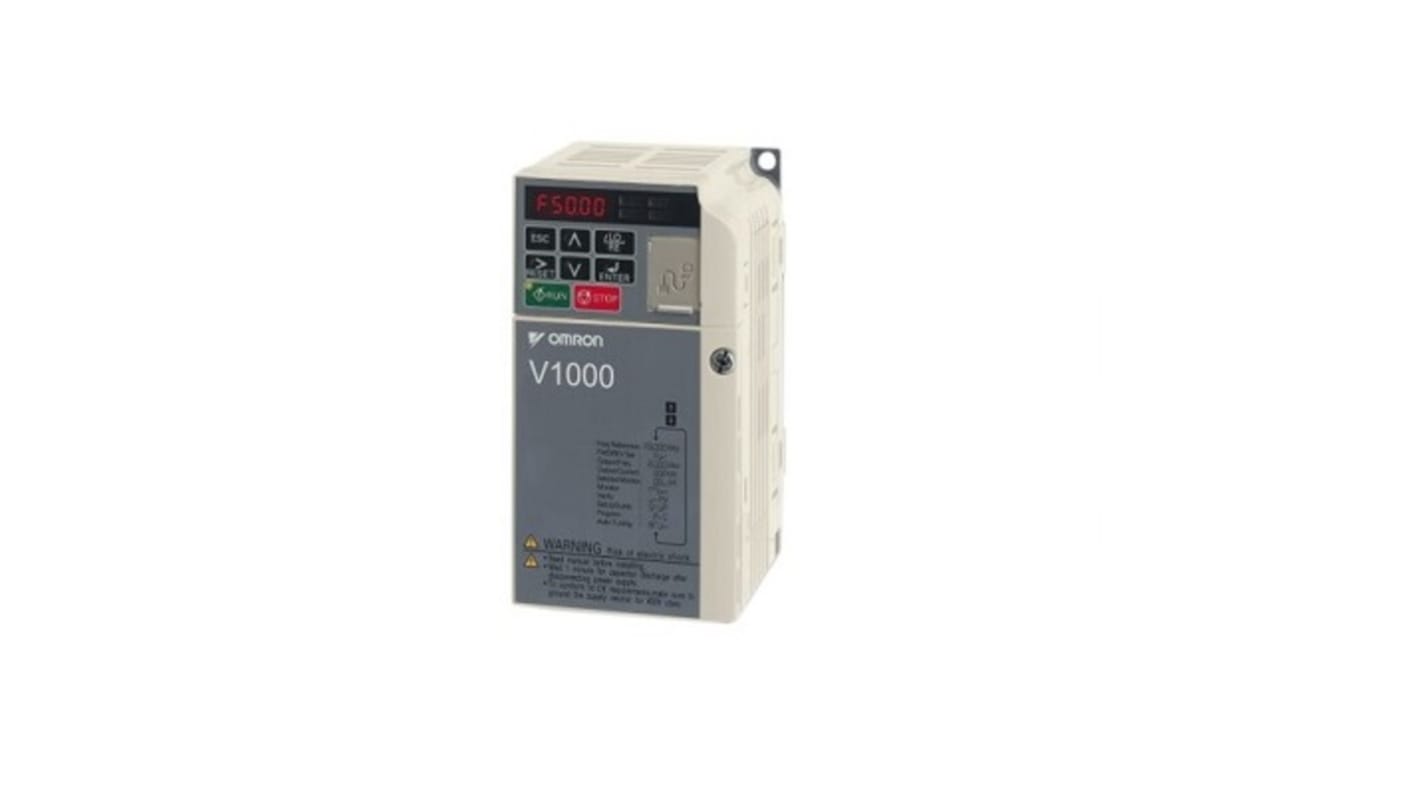 Inverter Omron CIMR-VCBA0010JAB, 1 fase, 1,5/2,2 kW, 230 V, frequenza max 400 Hz, grado di protezione IP20.