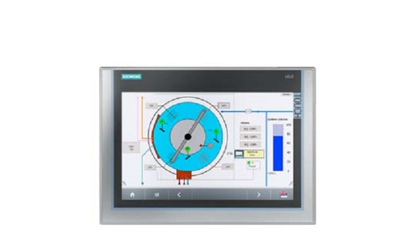 Siemens 6AG11240MC014AX0, modulo display HMI 12,1" TFT, interfaccia PROFINET, IP65 anteriore, dimensioni 241 x 330 x 65 mm.