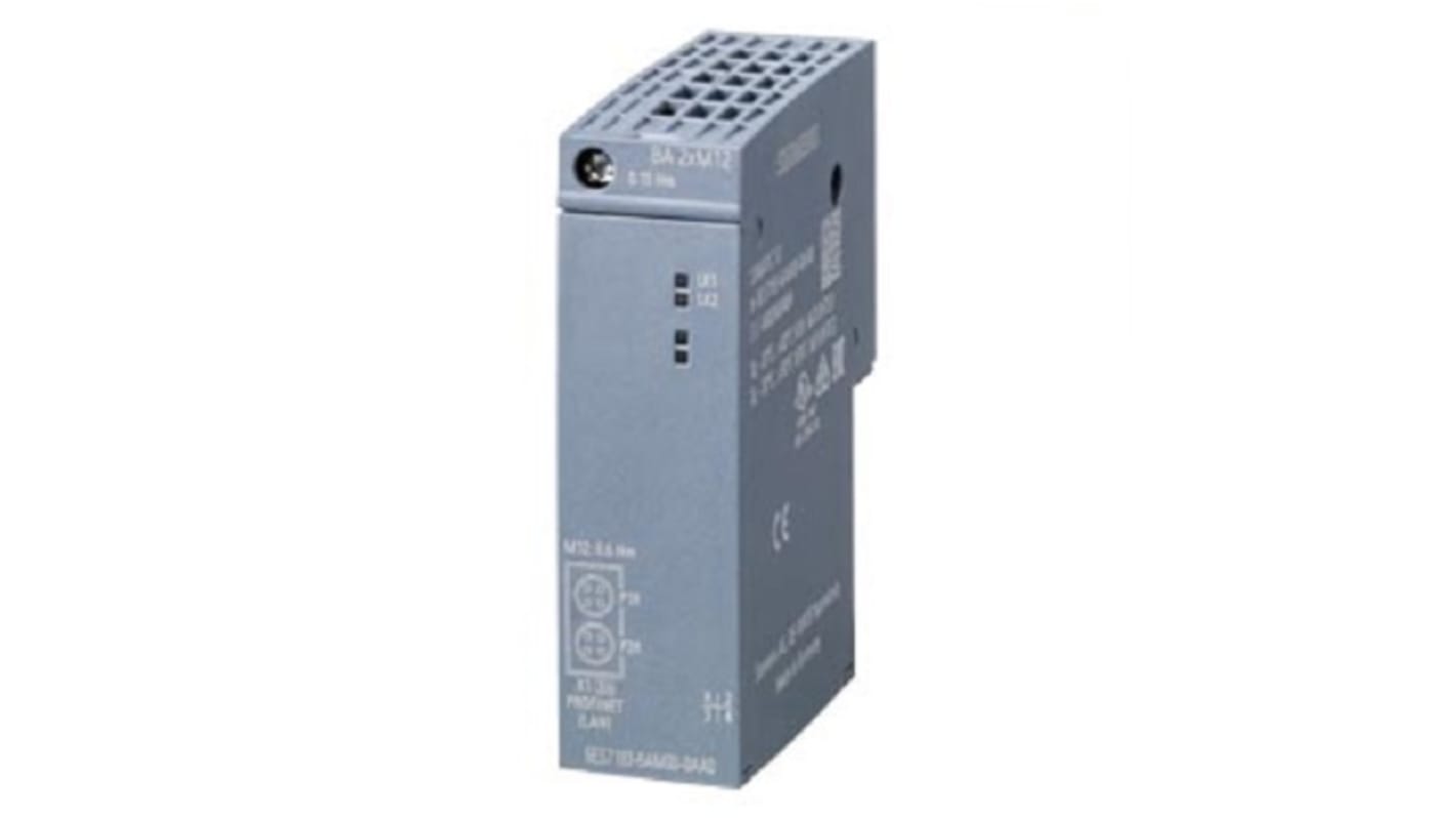 Unità base Siemens 6AG11936AM007AA0 per ET 200SP, con 2 prese M12 per PROFINET, dimensioni 73,5 x 20 x 59 mm.
