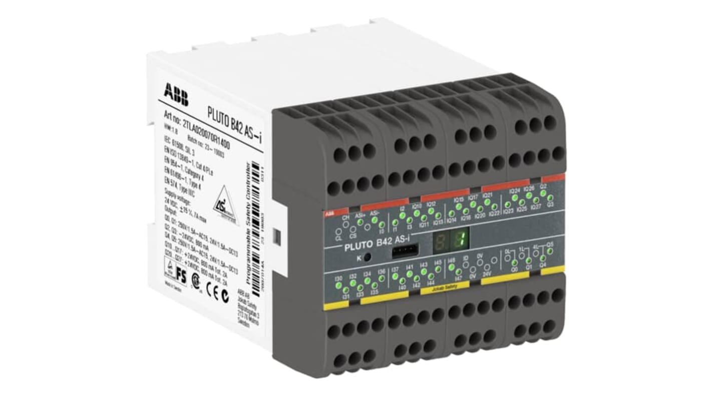 Controller di sicurezza programmabile ABB 2TLA020070R1400, 42 I/O, 24 V c.c., bus di sicurezza Pluto, protocollo MODBUS ASCII.