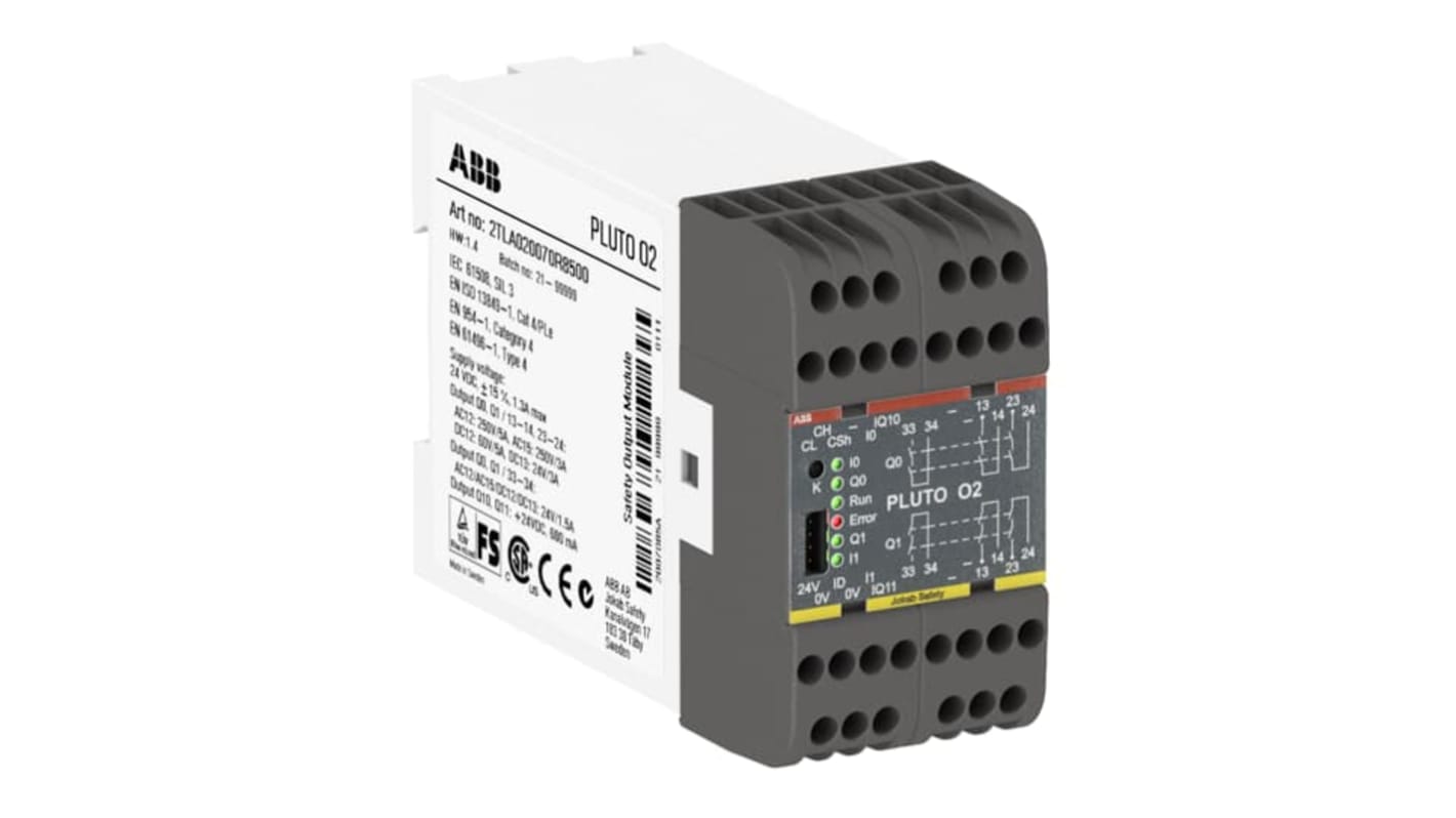 Controller di sicurezza programmabile ABB 2TLA020070R8500, 6 I/O, 4 ingressi e 2 uscite relè a prova di guasto.