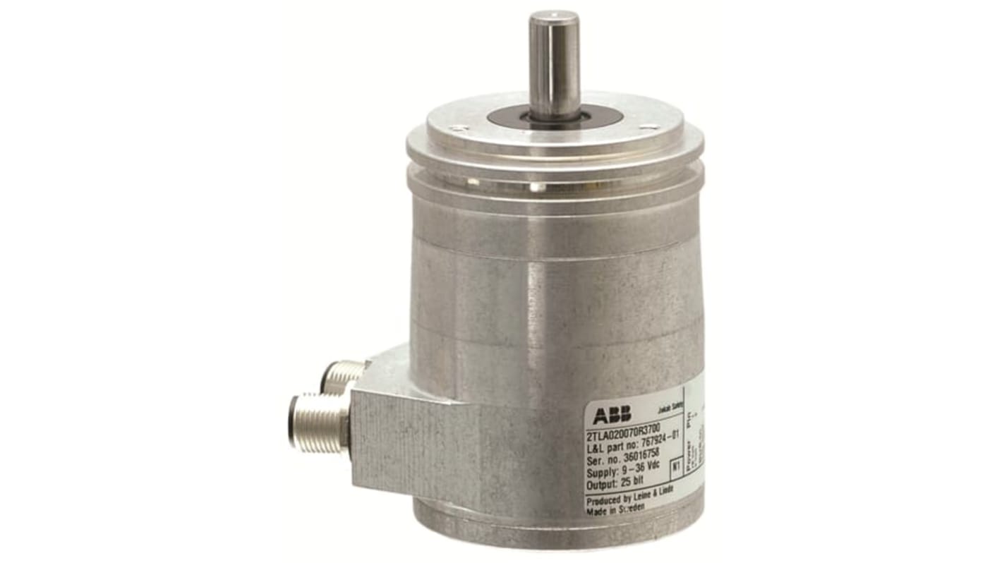 Encoder assoluto di sicurezza ABB 2TLA020071R7900, modello Pluto, cavo 1,5 m, albero 6 mm, 24 V CC, dimensioni 82x58 mm.