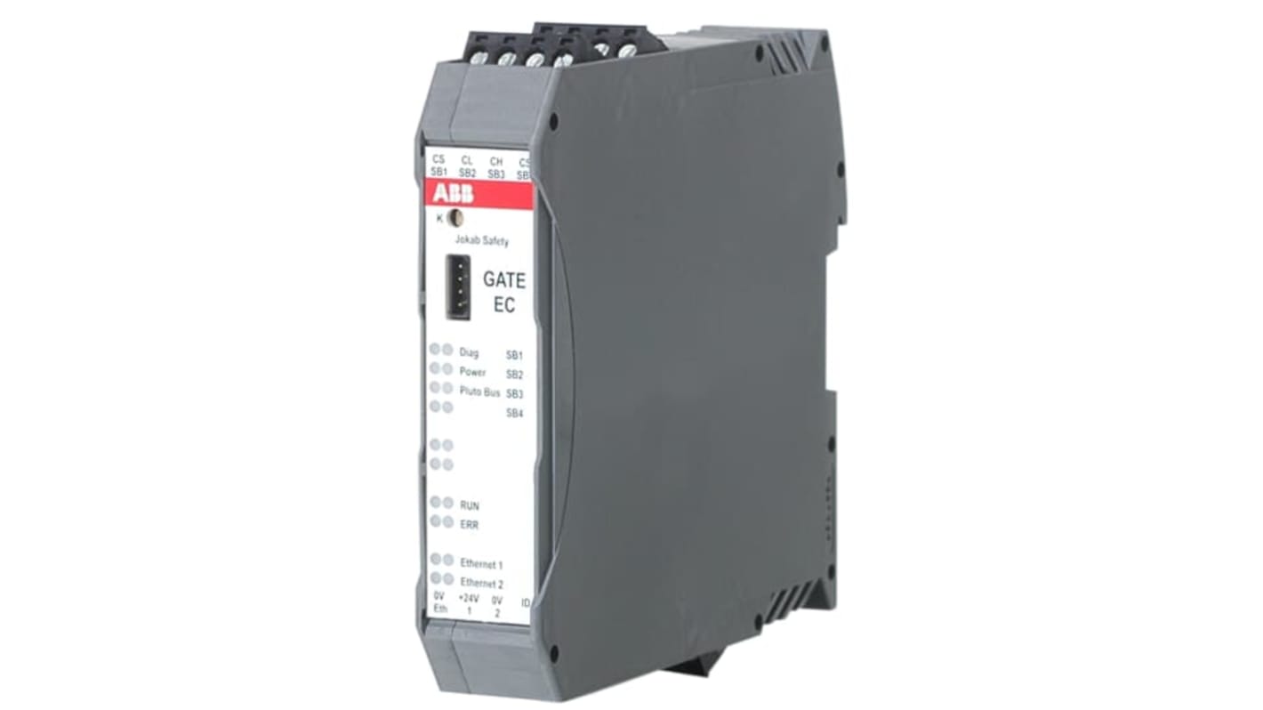 Gateway Ethernet ABB 2TLA020071R9100 per comunicazione tra bus Pluto e rete Ethernet, alimentazione 24 V CC, dimensioni 114 x 108 mm.