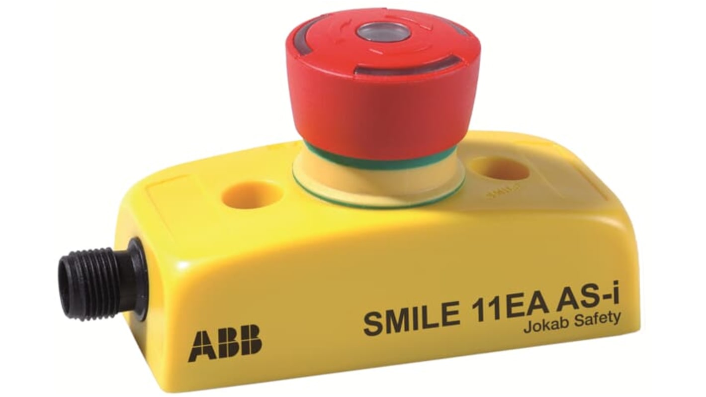 Pulsante di arresto di emergenza ABB Smile 11 EA AS-i, giallo, LED programmabile, connettore M12-5, dimensioni 97 x 40 x 52 mm.