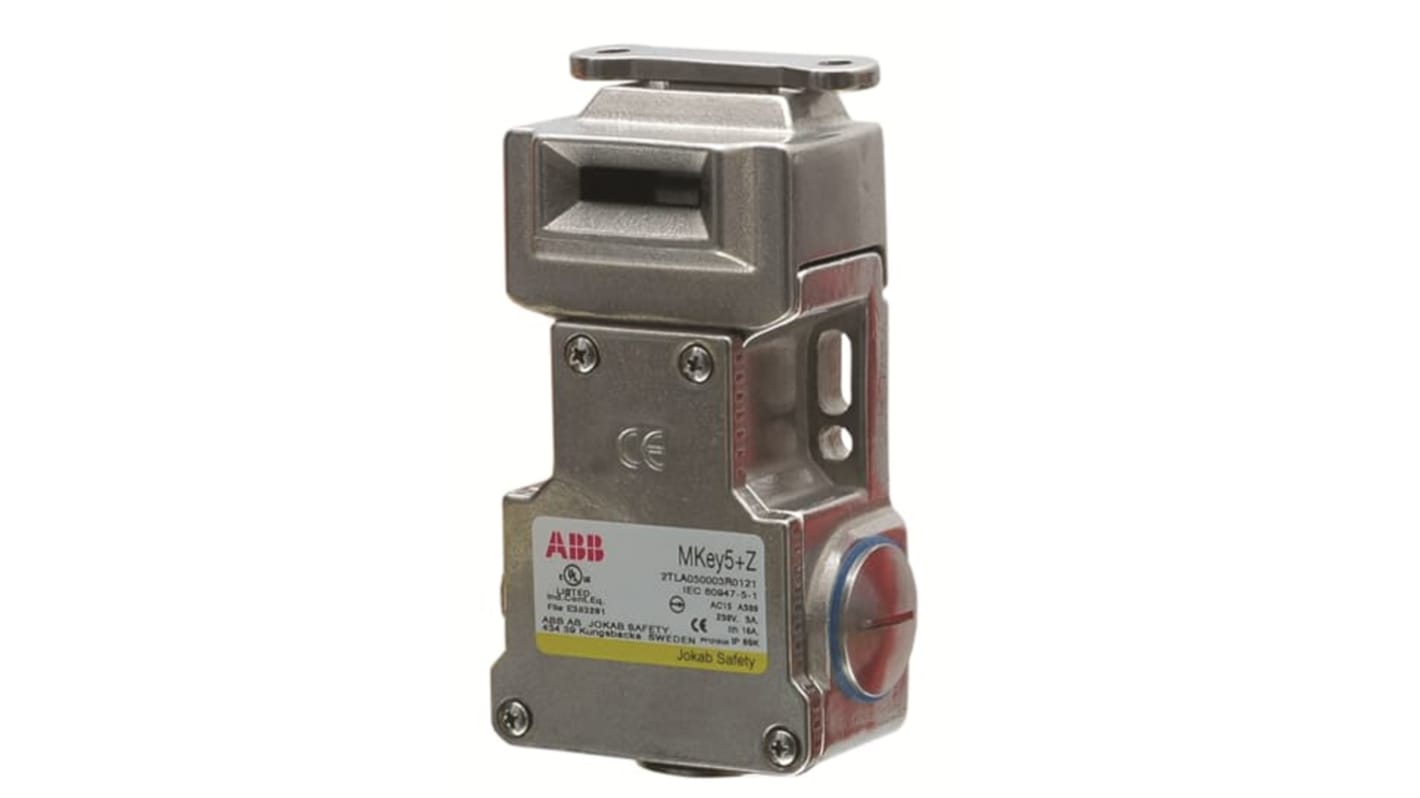 Interruttore di interblocco di sicurezza MKey5Z ABB, in acciaio inox, grado di protezione IP67, con contatti 2NA e 1NC.