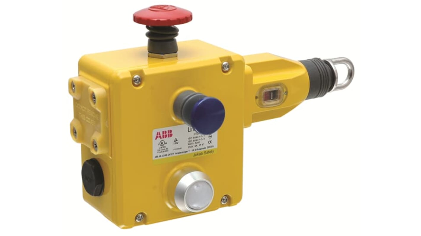 Interruttore a filo ABB 2TLA050206R0332, 4NC/2NO, montaggio sinistro, cavo 125 m, contenitore giallo, LED di stato.