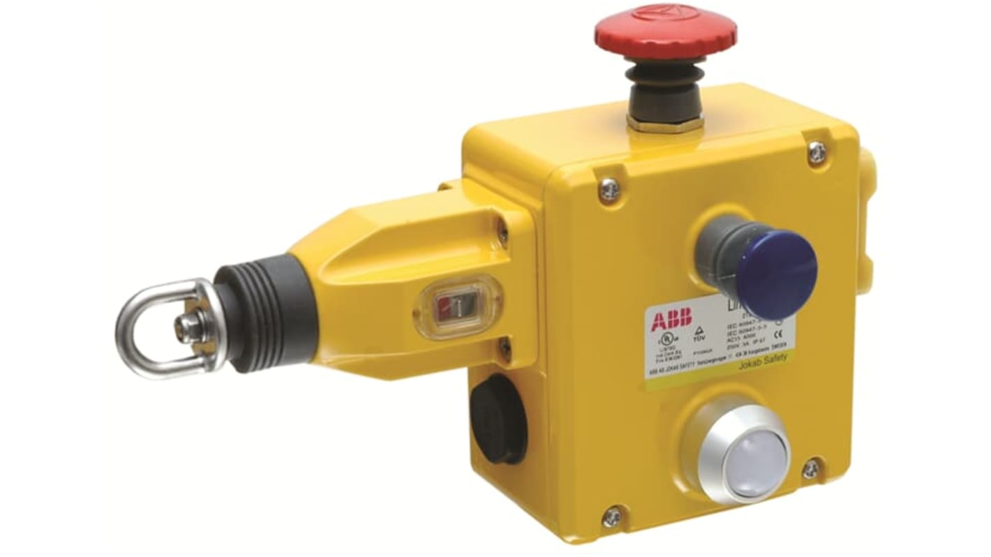 Interruttore a filo ABB 2TLA050208R0332, montaggio a destra, 4NC/2NO, cavo 125m, contenitore giallo, LED di stato.