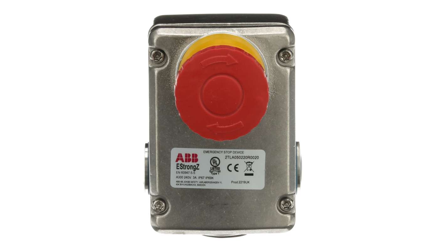 Pulsante di arresto di emergenza ABB EstrongZ, corpo in acciaio inox, contatti 2NC e 2NO, dimensioni 94 x 66 x 105 mm.
