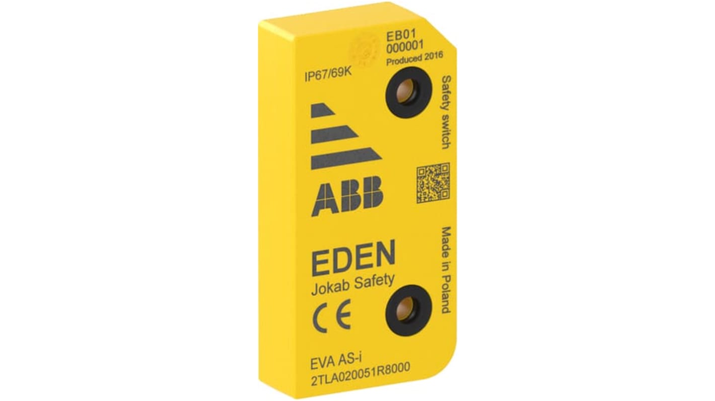 Interruttore di sicurezza senza contatto ABB Eva AS-i, modello 2TLA020051R8000, grado di protezione IP67, colore giallo.