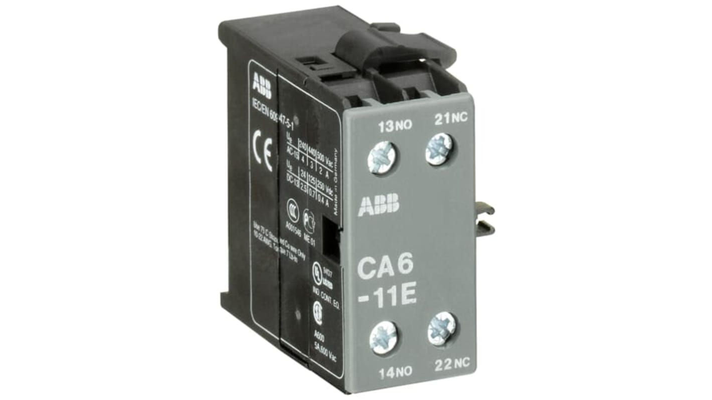 Contatto ausiliario ABB GJL1201317R0002, 2 contatti (1 NC + 1 NA), montaggio superficiale, IP20, 6 A, -25 a 55 °C.