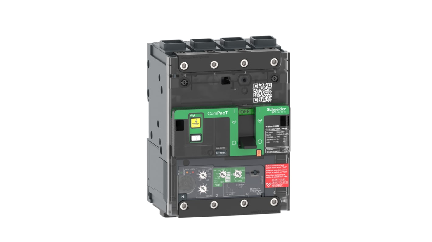 Interruttore magnetotermico scatolato Schneider Electric, 4 poli, 100A, montaggio fisso, tensione 690 V, protezione sovraccarichi regolabile.