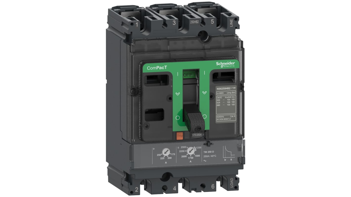Interruttore magnetotermico scatolato Schneider Electric, 3 poli, 160A, montaggio fisso, tensione 690 V, protezione sovraccarichi regolabile.