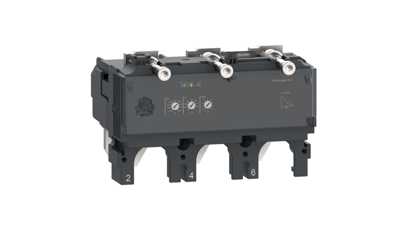 Interruttore magnetotermico scatolato Schneider Electric, 3 poli, 630A, montaggio fisso, tensione 690 V, protezione sovraccarichi regolabile.