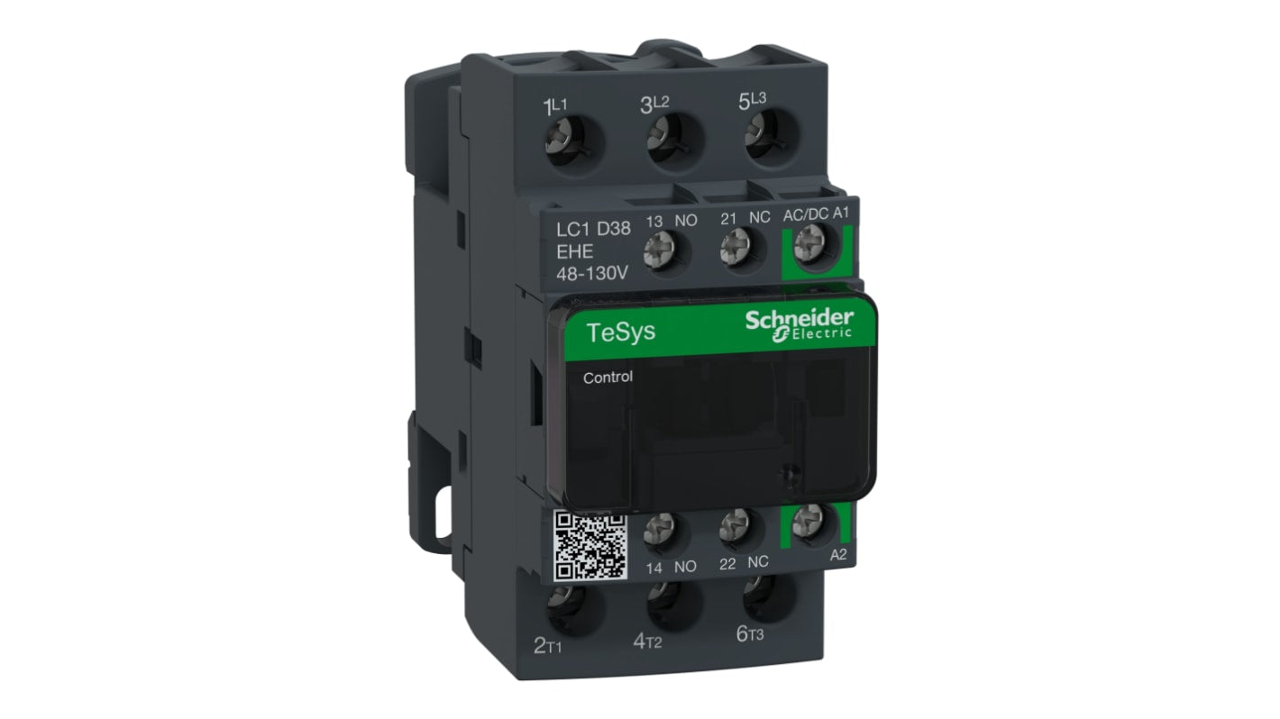 Contattore Schneider Electric LC1D38EHE1, 3 poli, 3 NA, 38 A, 48 V, montaggio versatile, diagnosi usura contatti.