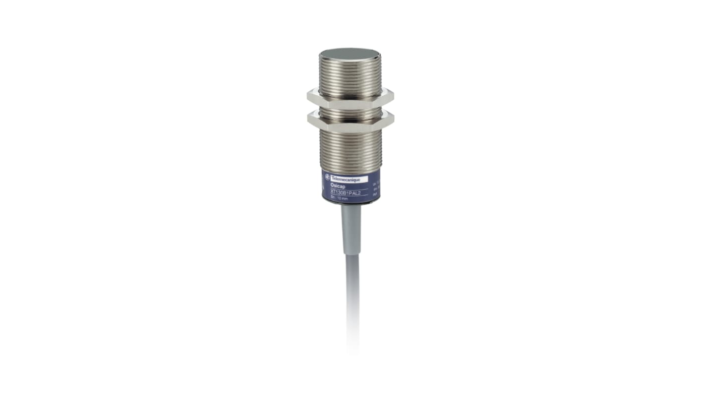 Sensore capacitivo cilindrico Telemecanique Sensors XT530B1FAL2, filettatura M30, rilevamento fino a 10 mm, alimentazione 12-24 V c.c.