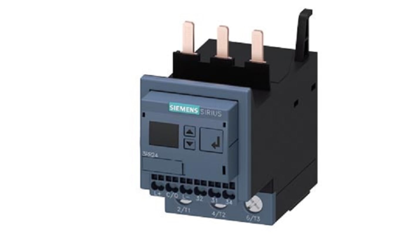 Relè di monitoraggio corrente Siemens 3RR24433AA40, SPDT, per carichi motori, con riparametrizzazione automatica e monitoraggio in tre fasi.
