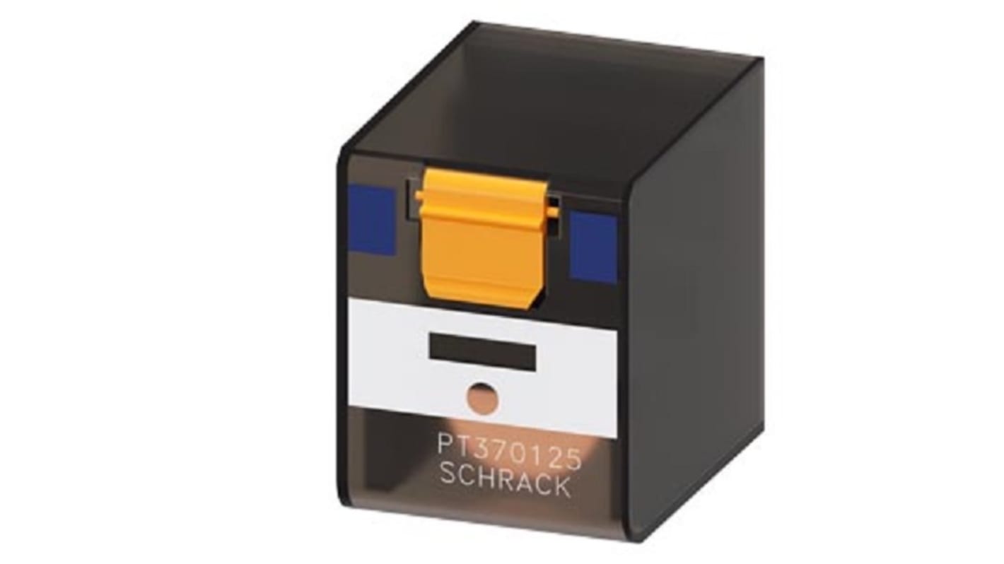 Relè di potenza Siemens 3PDT, bobina 125V cc, corrente 10A, montaggio a innesto, con LED e pulsante di prova.