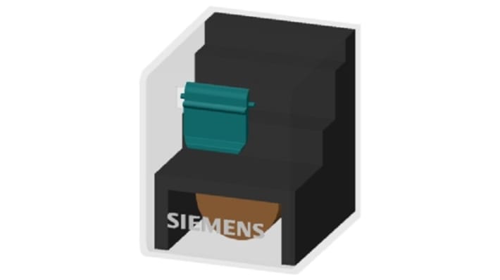 Relè di potenza Siemens 4PDT, bobina 230V, montaggio a innesto con morsetti a vite e LED di stato.