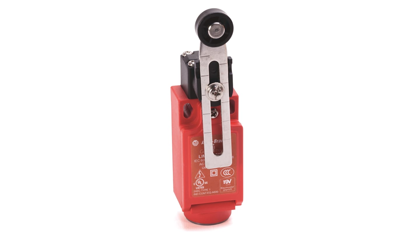 Interruttore di fine corsa di sicurezza Rockwell Automation 440P-CALB12B, con leva regolabile e protezione IP66.