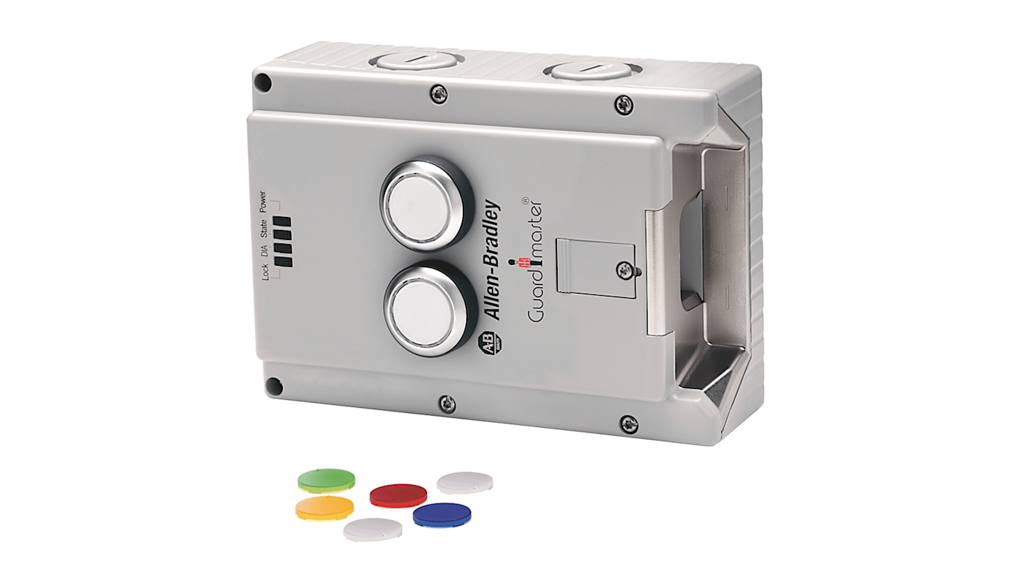 Modulo di bloccaggio PTR M20 Rockwell Automation, con 2 pulsanti e ingresso cavo M20, per interblocco di sicurezza.