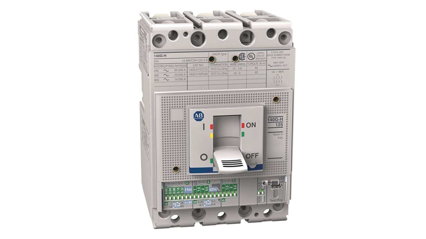 Interruttore automatico MCCB Rockwell Automation 140G-H3C3-C25, 3 poli, 25A, per protezione di linea nei pannelli di controllo.