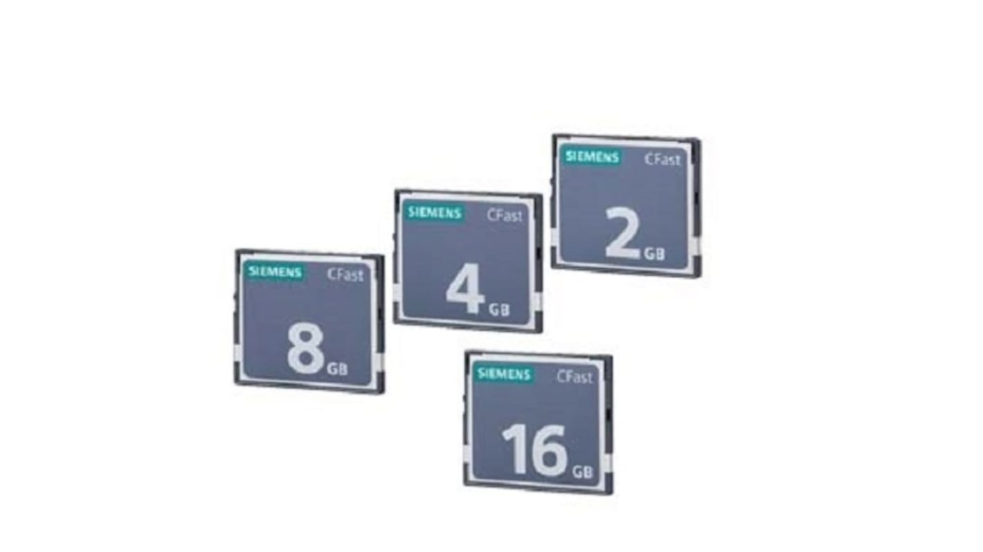 Scheda di memoria CFast Siemens 6ES76482BF100XF0 per dispositivi HMI e IPC SIMATIC, capacità 2 Gbyte, dimensioni 42,8 x 36,4 x 3,6 mm.