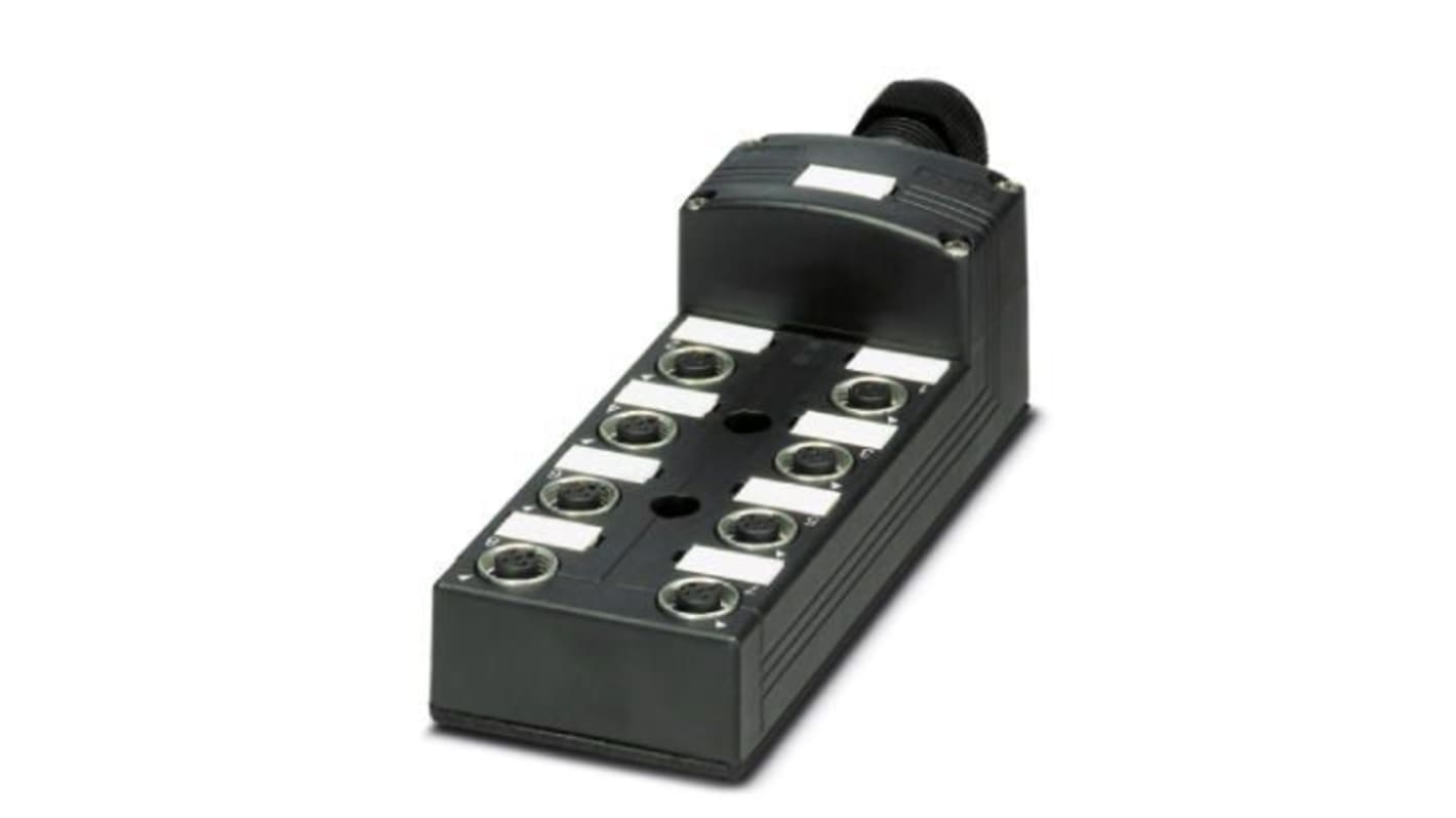 Phoenix Contact 1457380, scatola sensore 8 porte M12 femmina, collegamento a vite, grado di protezione elevato, tensione 135V.