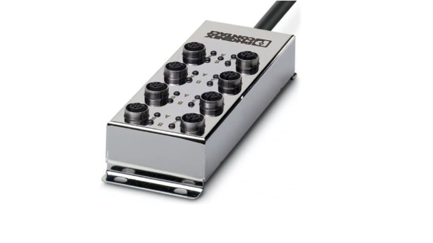 Scatola sensore Phoenix Contact 1555541, 8 porte M12, tensione 30V cc, grado di protezione IP65/IP67.