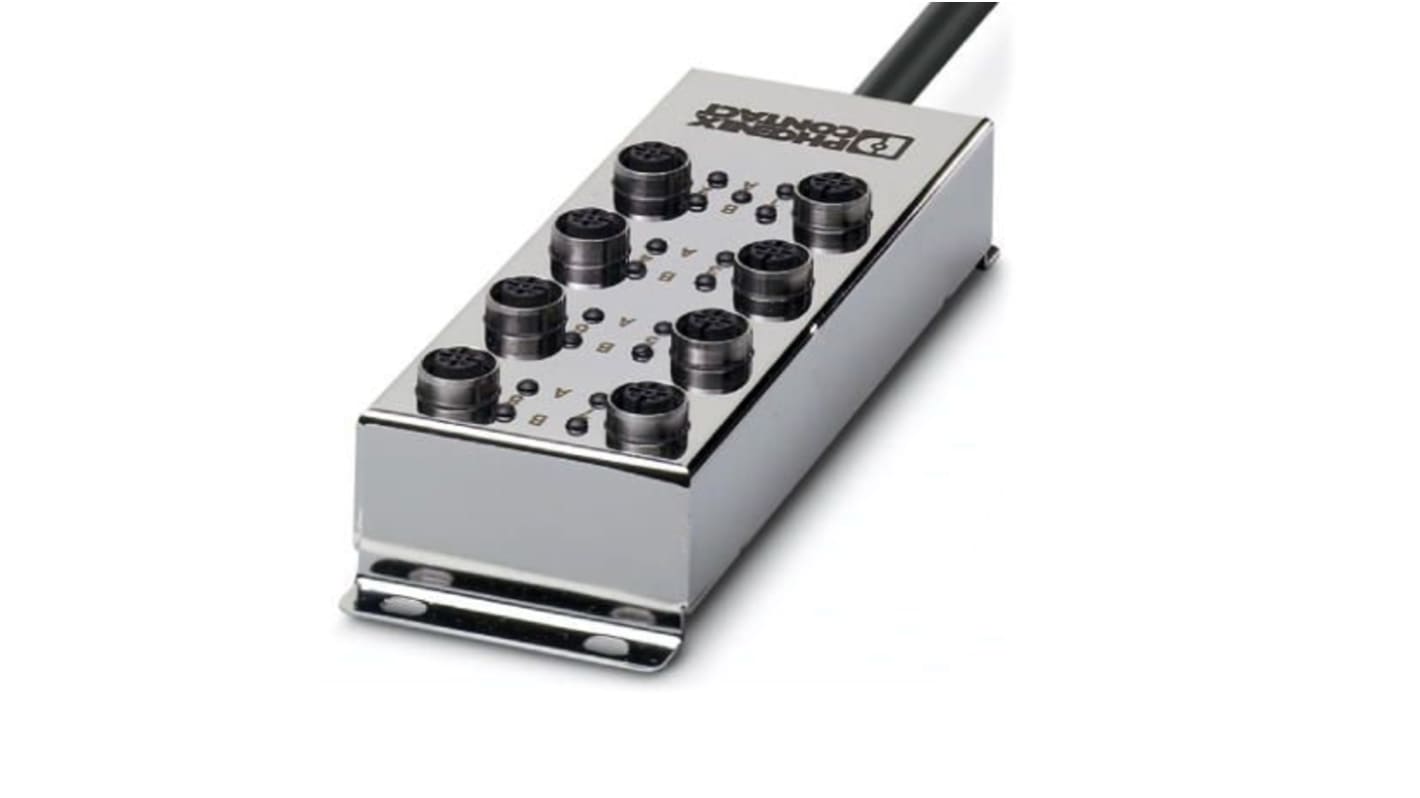 Scatola sensore Phoenix Contact 1555554, 8 porte M12, tensione 30V cc, grado di protezione IP65/IP67.