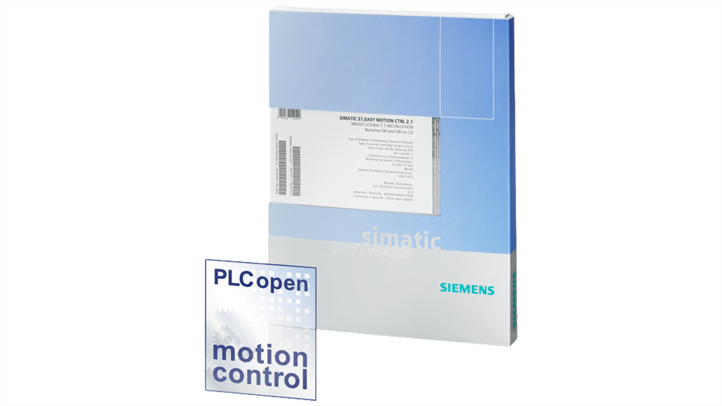 Licenza Siemens 6ES78640AC010YX0 per SIMATIC S7 easy motion control 2.1, compatibile con STEP 7 V5.3 SP2, dimensioni 0,242 x 0,195 x 0,023 m.