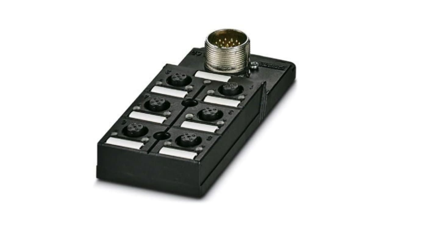 Scatola sensore Phoenix Contact 1692420 con 6 porte e connettore M12, tensione operativa 30V cc. Ideale per automazione, IP65/IP67.