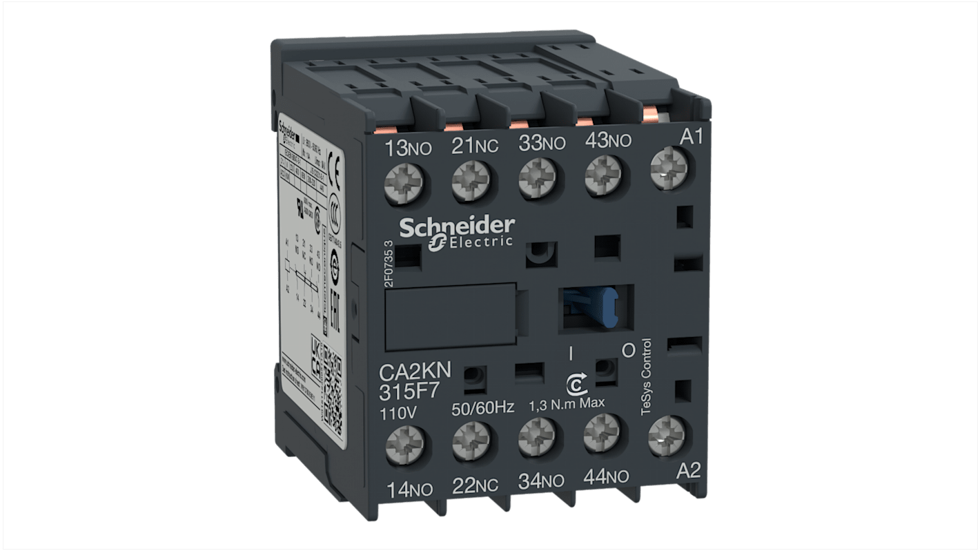 Relè di controllo Schneider Electric CA2KN315F7, 1 NA + 1 NC, 10 A, montaggio su guida DIN, temperatura operativa -25/+50 °C.