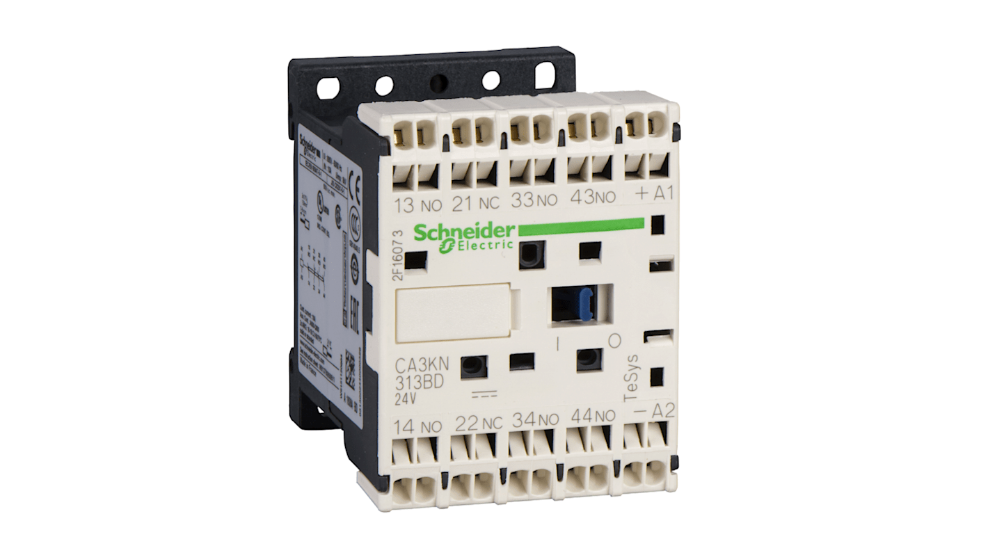 Relè di controllo Schneider Electric CA3KN223BD3, 2 NO + 2 NC, montaggio su guida DIN, 10 A, 24 V c.c.
