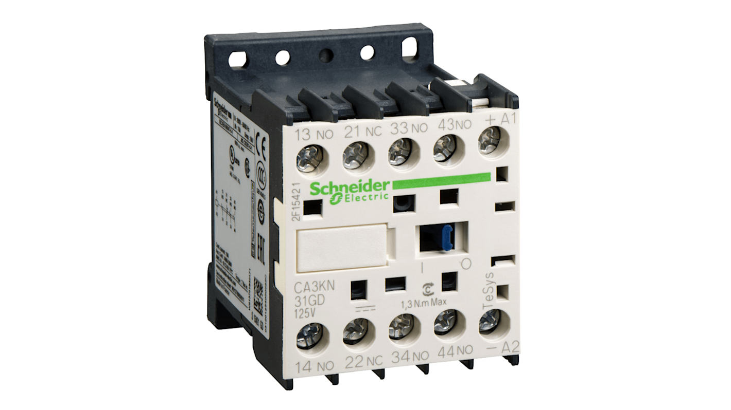 Relè di controllo Schneider Electric CA3KN31GD, 2 NA + 2 NC, montaggio su guida DIN, bobina fino a 24 V c.a., 10 A.