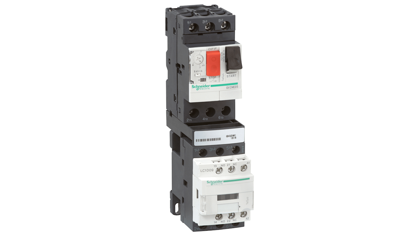Starter per motore Schneider Electric GV2DM107BD, 3 poli, 24 V, 6 A, conforme RoHS, tipo DOL, per applicazioni TeSys Deca.