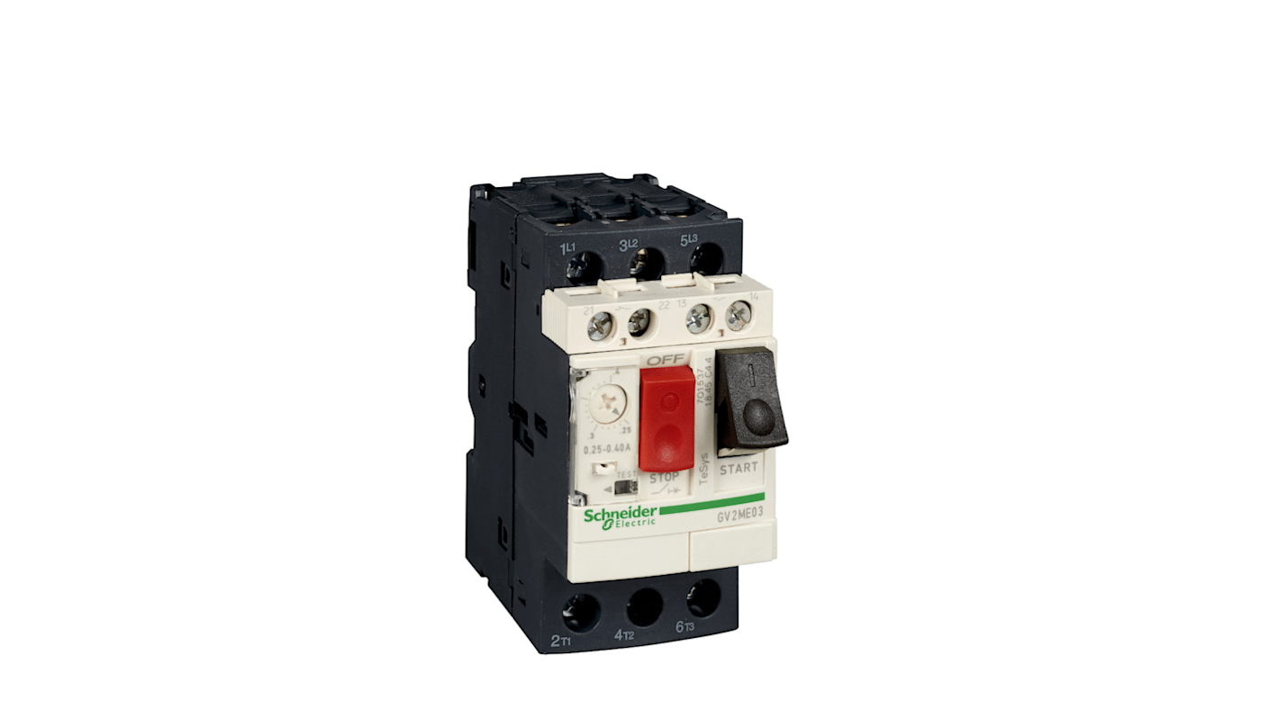 Interruttore automatico del motore Schneider Electric GV2ME08AE11TQ, 3 poli, corrente 2,5-4 A, dimensioni 89x44,5x78,2 mm, tensione 690 V.