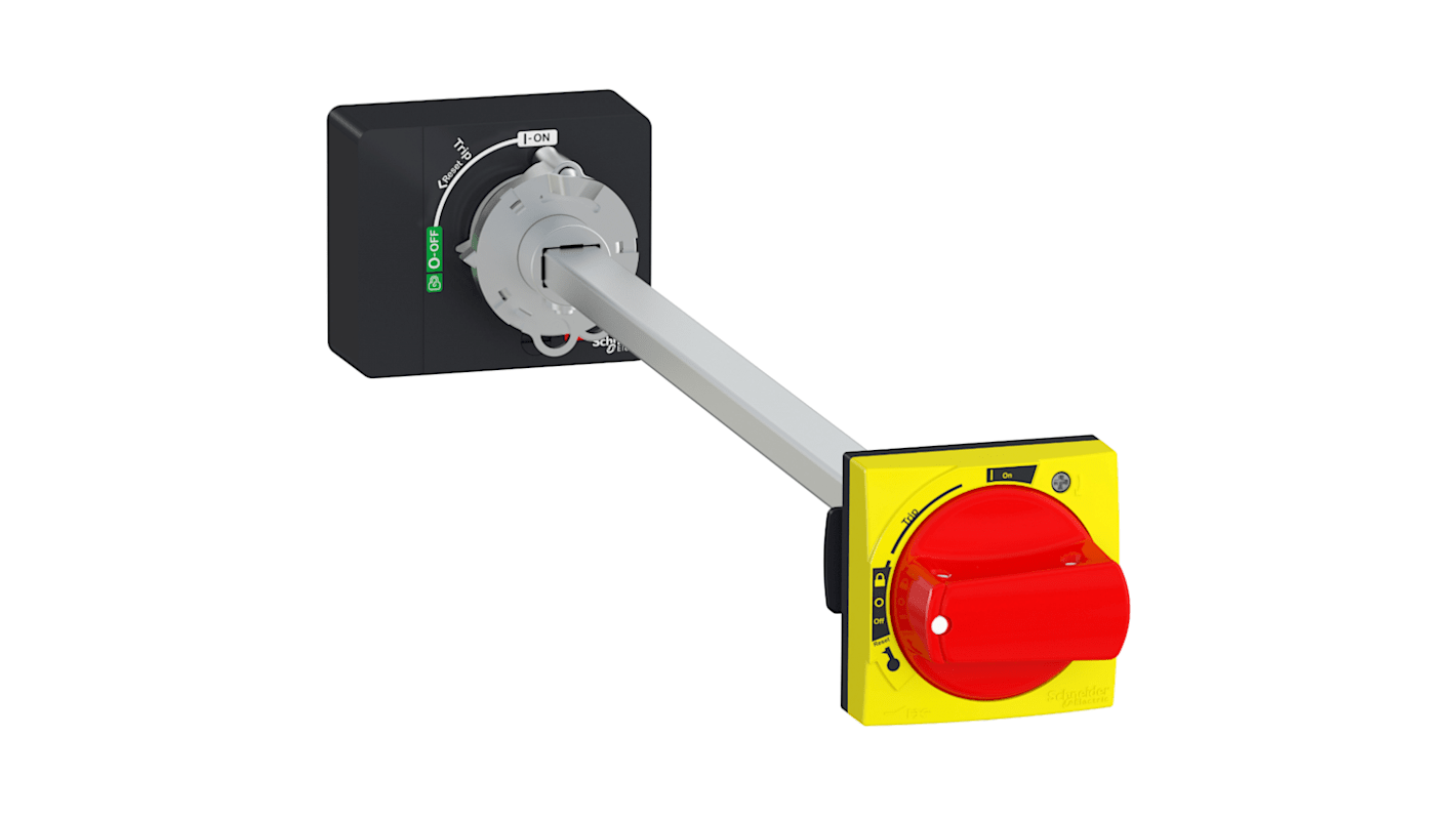 Manopola rotante Schneider Electric GV4APN02, lunghezza 458 mm, IP65, impugnatura rossa per interruttori automatici. Include adattatore e albero di prolunga.