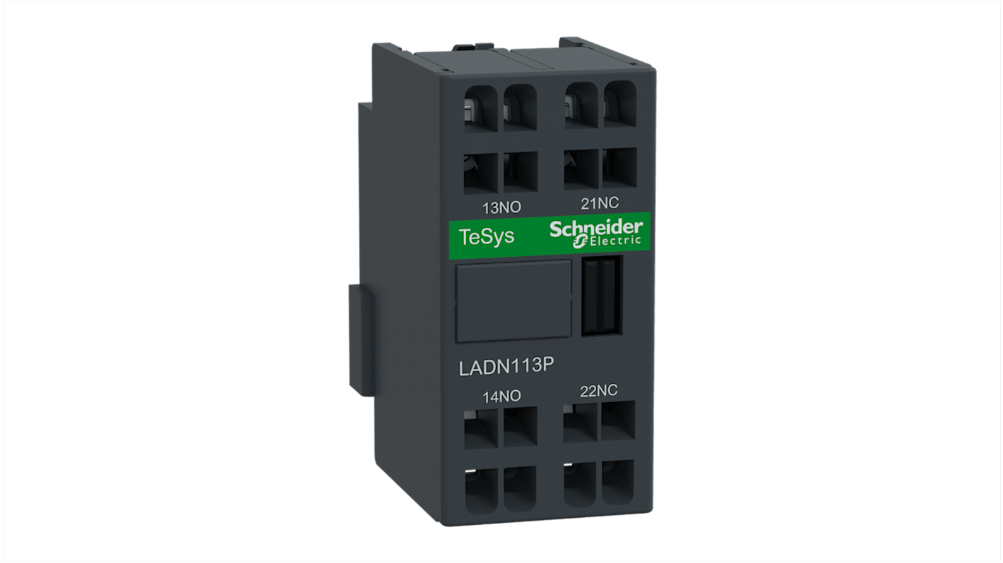 Blocco di contatti ausiliari Schneider Electric LADN113P, 2 contatti (1 NA + 1 NC), montaggio frontale, corrente nominale 10 A.