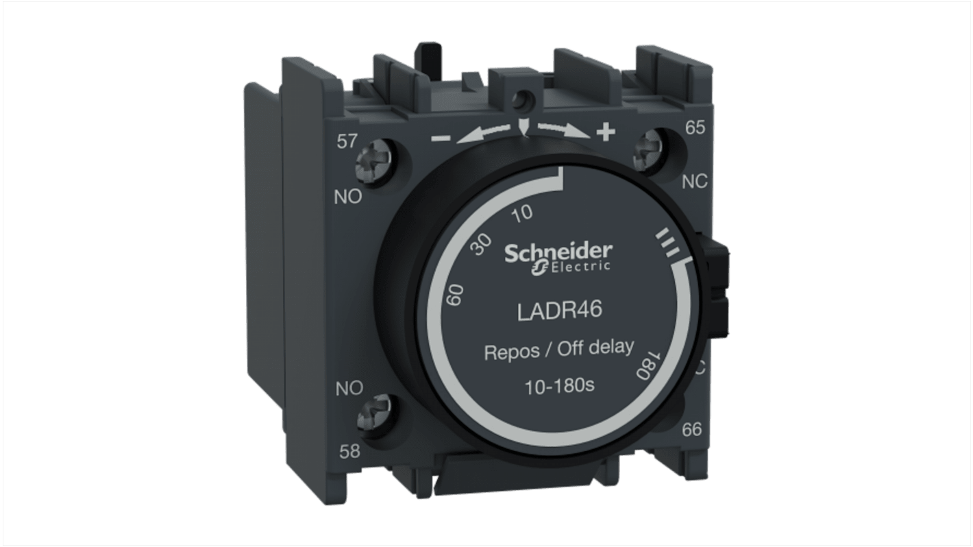 Blocco contatti ausiliari Schneider Electric LADR46, 2 contatti (1 NA + 1 NC), montaggio a clip, corrente nominale 10 A.