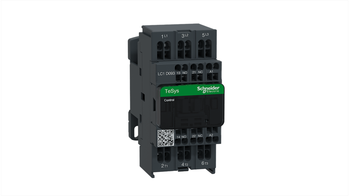 Contattore Schneider Electric LC1D093G7, 3 poli, 9 A, montaggio su guida DIN, bobina a basso consumo, resistenza al fuoco.