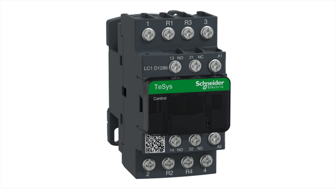 Contattore Schneider Electric LC1D1286G7, 4 poli, 25 A, montaggio su guida DIN, bobina a basso consumo, resistenza al fuoco.