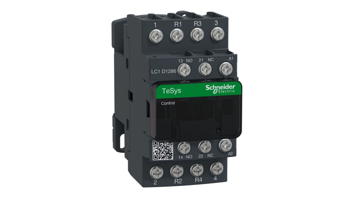Contattore Schneider Electric LC1D1286LE7, 4 poli, 25 A, montaggio su guida DIN, resistenza al fuoco, ausiliari a prova di polvere.