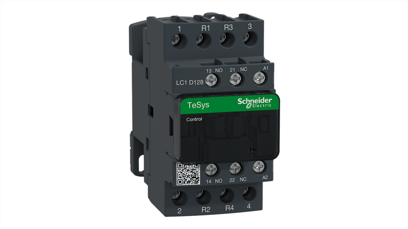 Contattore Schneider Electric LC1D128T7, 4 poli, 25 A, montaggio su guida DIN, bobina a basso consumo, resistenza al fuoco.