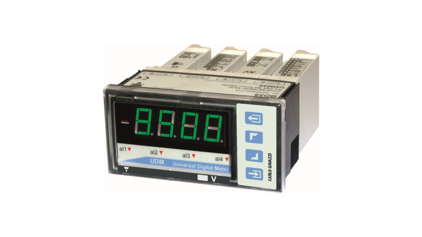 Carlo Gavazzi BD40, misuratore digitale da pannello con LED 4-DGT, per misurazioni di corrente e tensione. Dimensioni foro 45 x 92 mm.