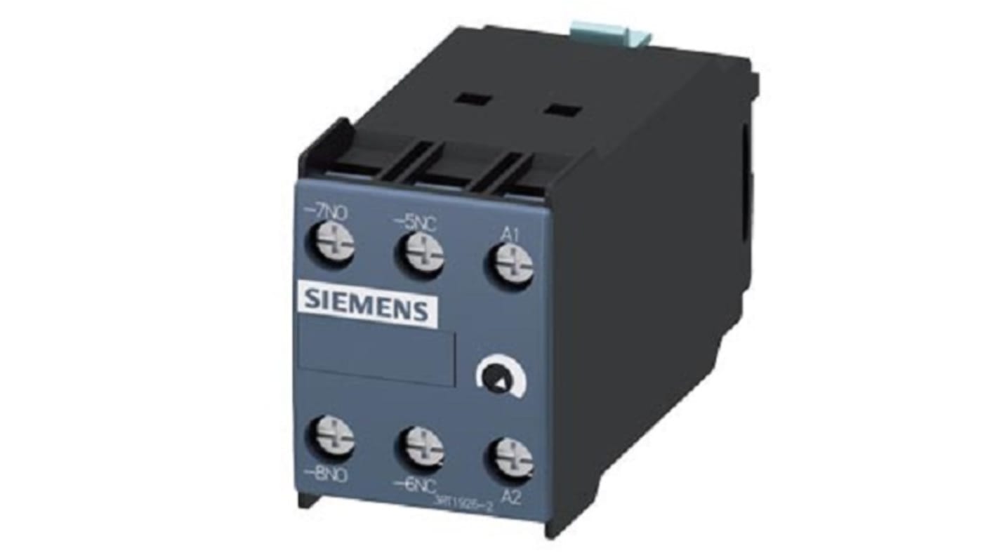 Blocco interruttore ausiliario Siemens 3RT19262EJ31, 2 contatti (1 NC, 1 NA), montaggio DIN, dimensioni 46x33x73 mm.