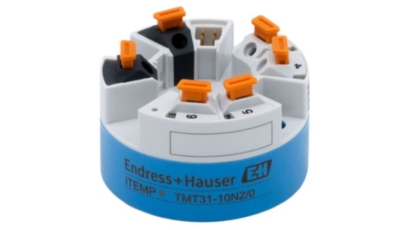 Trasmettitore di temperatura Endress+Hauser TMT31-AAA1B1A1, ingresso PT100, uscita 4-20 mA, range -50°C a 850°C.