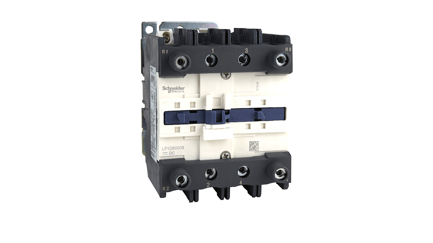 Contattore Schneider Electric LP1D80008MW, 4 poli, 25 A, montaggio su guida DIN, per controllo motore in applicazioni industriali.