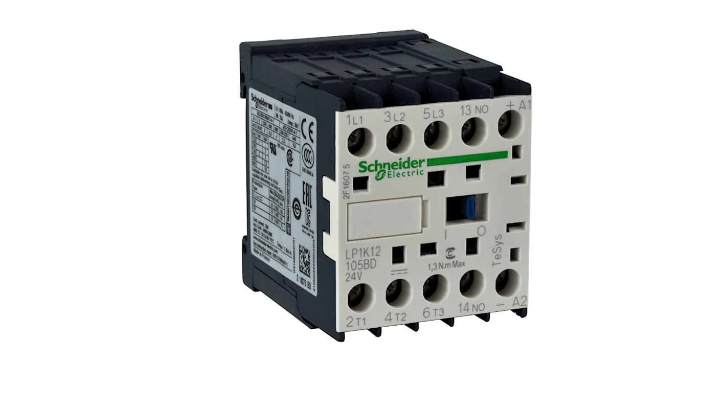 Contattore di commutazione Schneider Electric LP1K12105BD, 3 poli, 12 A, 24 V, montaggio su guida DIN, compatto per controllo motore.