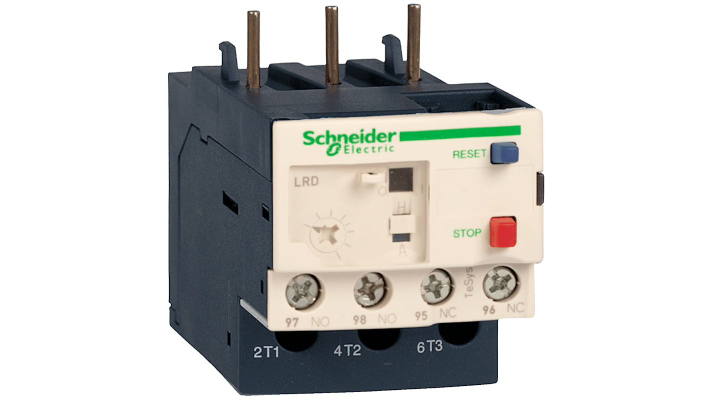 Relè di sovraccarico termico Schneider Electric LR3D066, 1 NA + 1 NC, corrente nominale 10 A, tensione 690 V, con regolazione termica e selettore di reset.