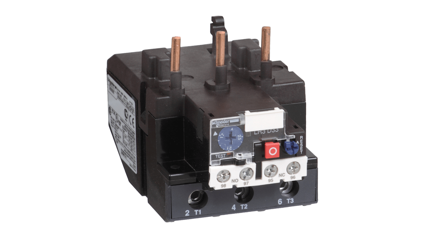 Relè di sovraccarico termico Schneider Electric LR3D3365, 1 NA + 1 NC, carico FLC 80-104 A, con regolazione termica e selettore di reset.